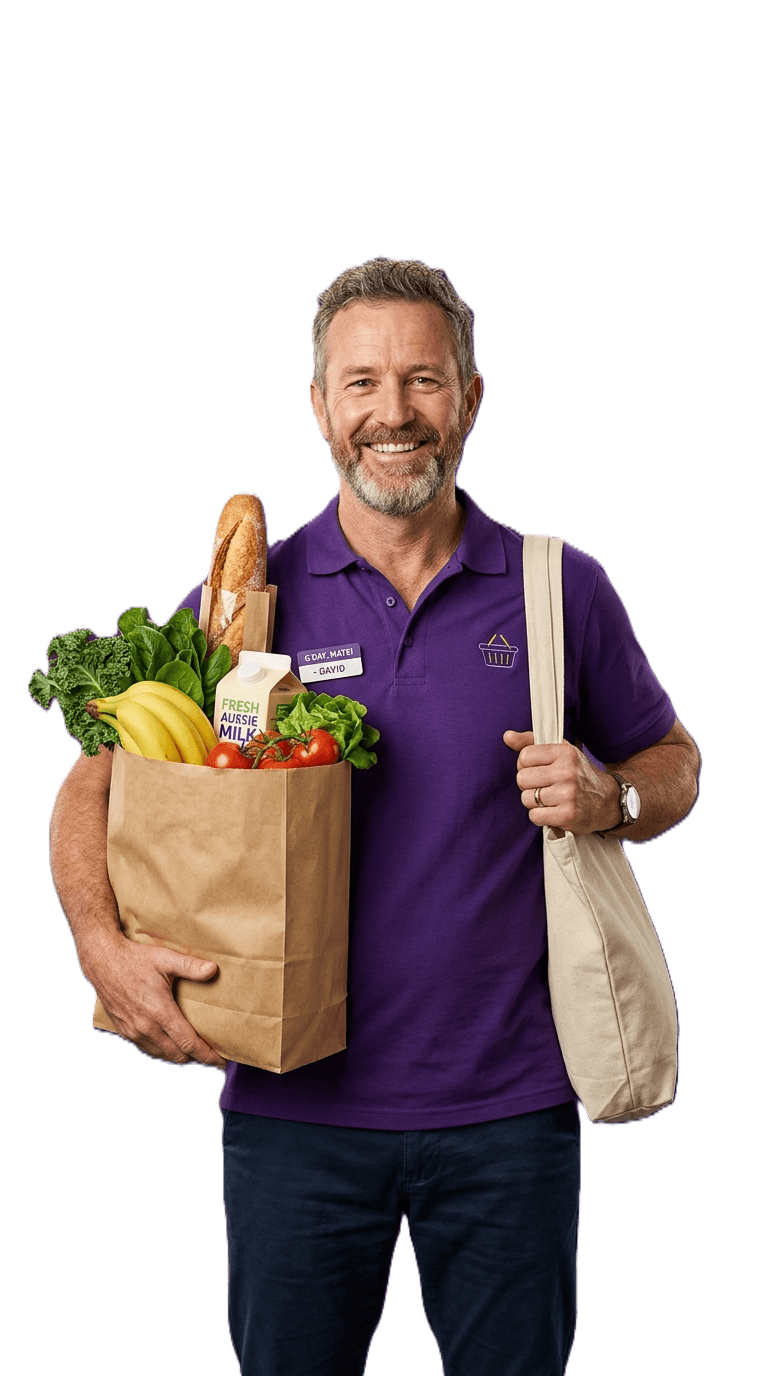 Friendly Brown Convenience shopkeeper holding a bag of fresh groceries